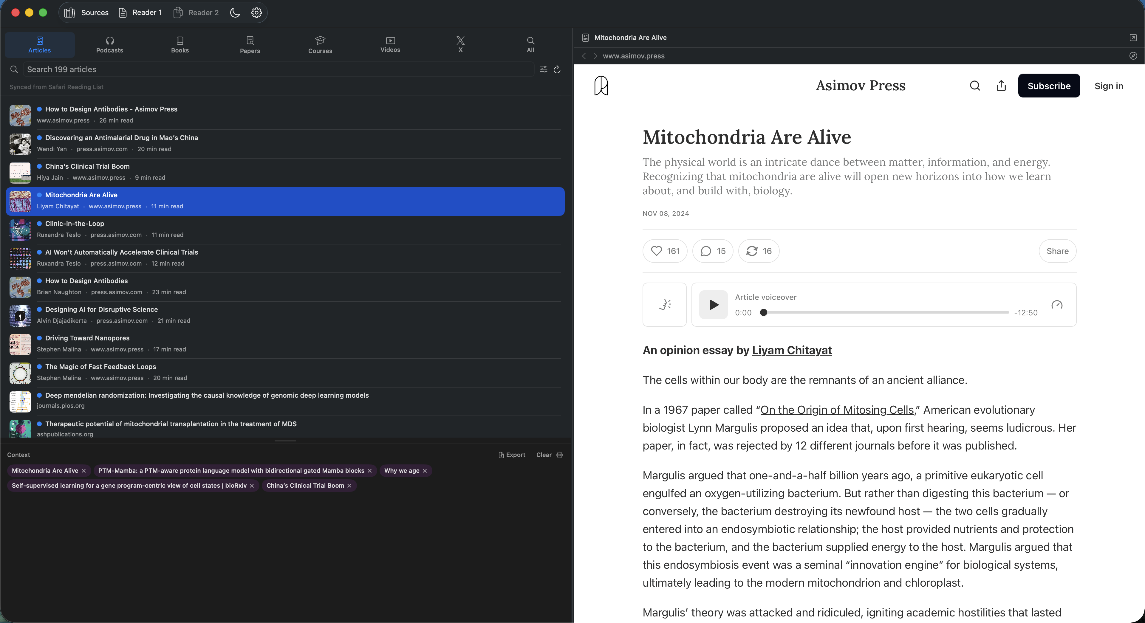 FeynmanLM Studio showing a source list and reader